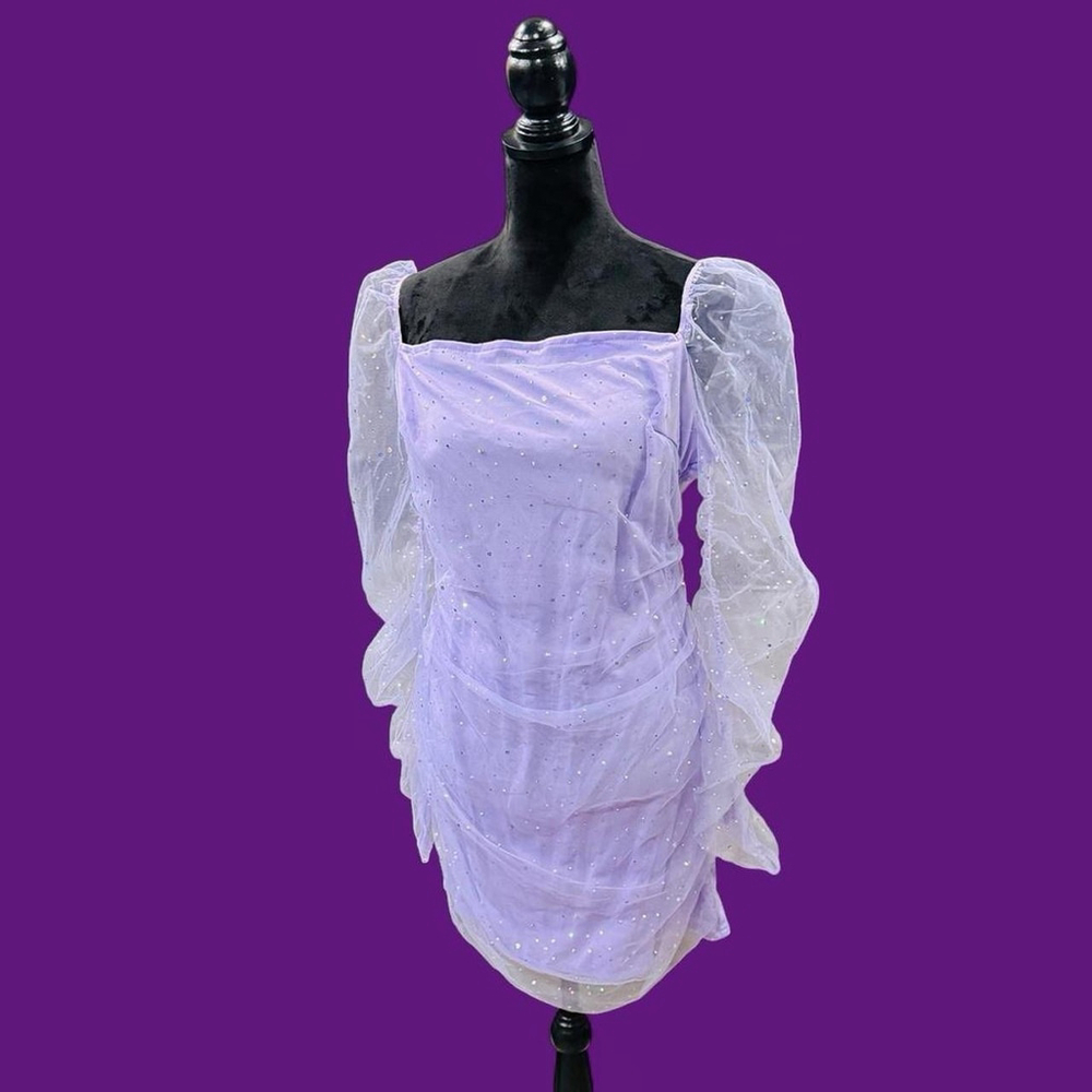Lavender Sparkle Mini Dress with Sheer Puff Sleeves